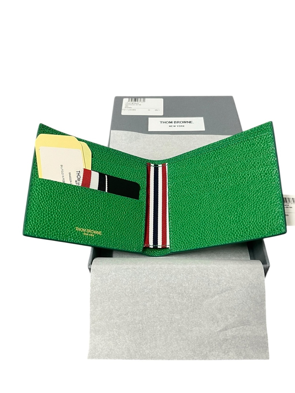 Thom Browne Green Leather Trifold Wallet with Signature Ribbon